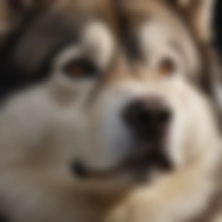 A close-up of an Alaskan Malamute's striking features and fur.