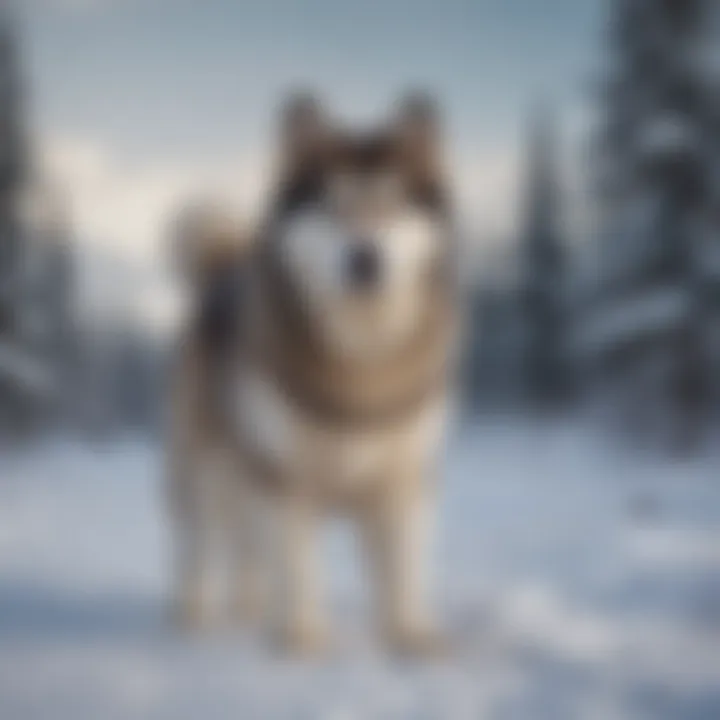 A majestic Alaskan Malamute standing in a snowy landscape.