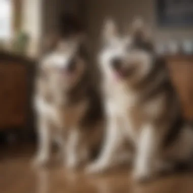 A playful Alaskan Malamute interacting with its owner in a home setting.