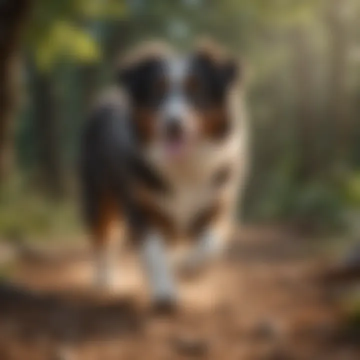An Australian Shepherd playing outdoors, representing an active lifestyle key to maintaining weight.
