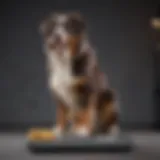 A healthy Australian Shepherd standing on a scale, showcasing its ideal weight.