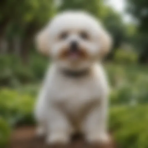 Bichonpoo standing in a lush garden, showcasing its fluffy coat and lively demeanor.