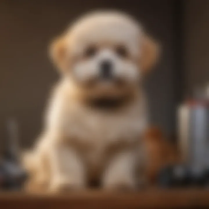 Bichonpoo sitting beside measurement tools, emphasizing size considerations for potential owners.