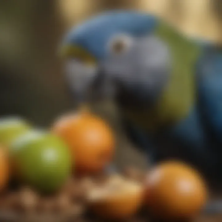 Close-up of Blue Amazon Parrot feeding on fruits and nuts