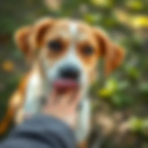 Close-up of a dog licking its owner's hand, showing affection