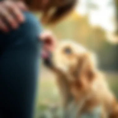 A person observing a dog licking their leg with curiosity