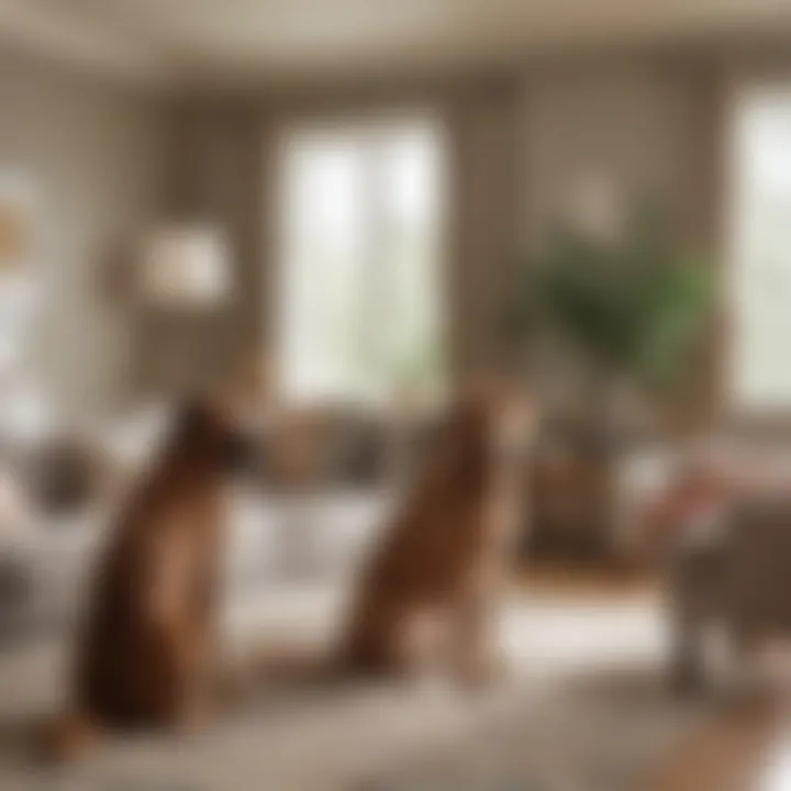 Dog owner observing their pet in a living room setting