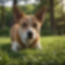 A dog thoughtfully observing grass in a park.