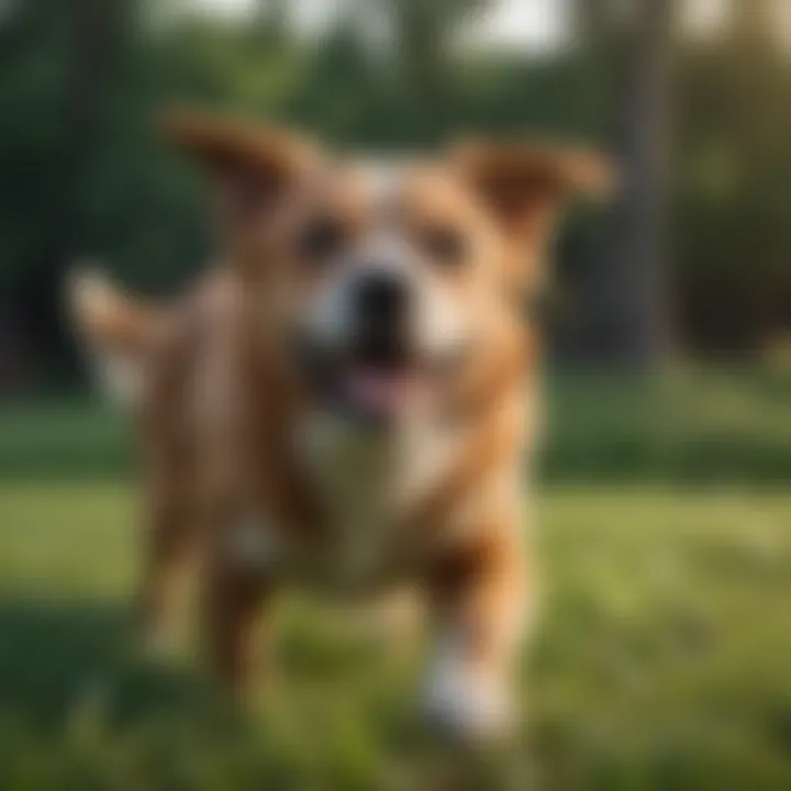 A dog happily playing outdoors, showing healthy behavior.