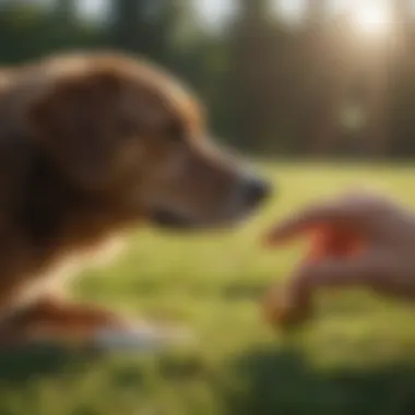 A pet owner gently training their dog with positive reinforcement.