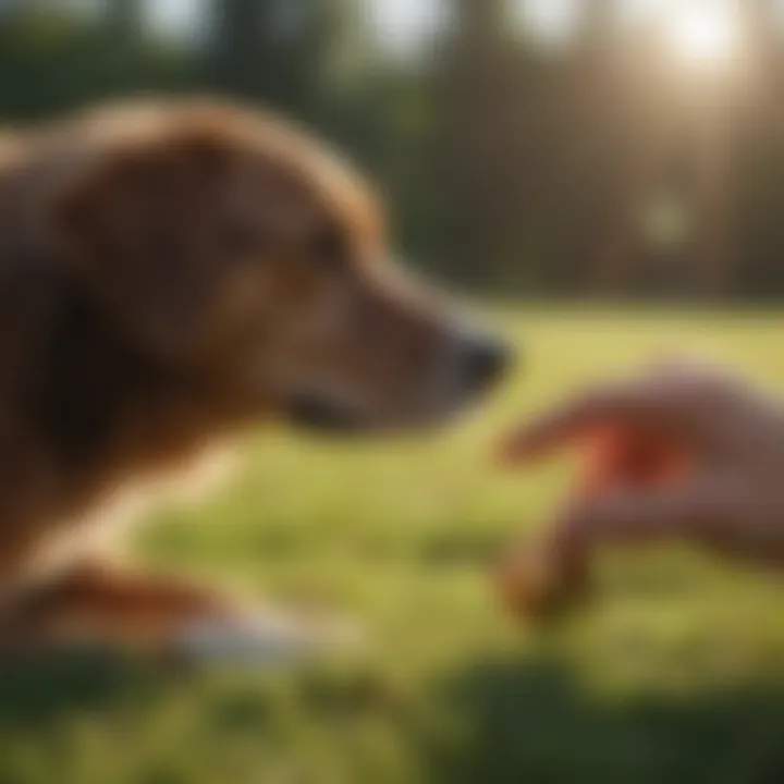A pet owner gently training their dog with positive reinforcement.