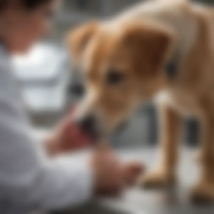 Veterinarian examining a dog with a focus on its abdominal area.