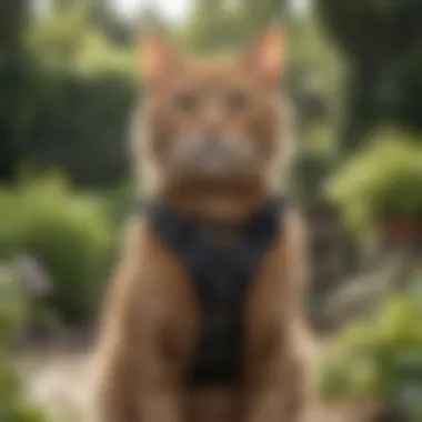 Cat in Garden with Harness A cat comfortably wearing a harness in a garden