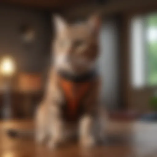 A stylish cat harness displayed on a wooden surface