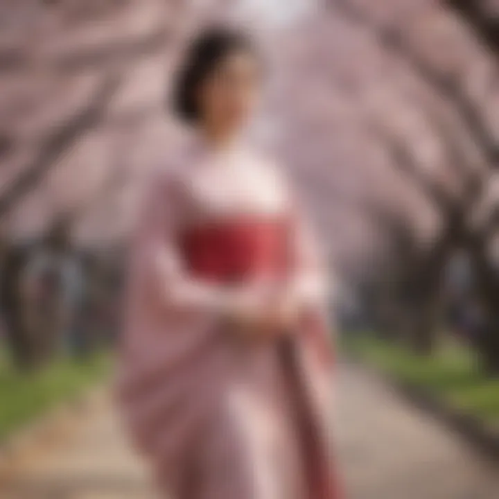 Cultural celebration under cherry blossom trees, showcasing traditional attire