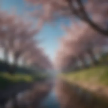 A serene landscape featuring cherry blossom trees under a clear blue sky