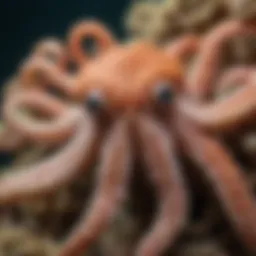 A close-up view of an octopus showcasing its camouflaging abilities against a coral background.