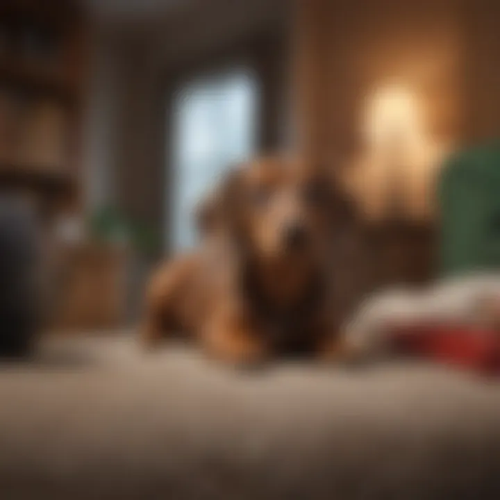 A cozy living space showcasing essential care items for a dachshund.