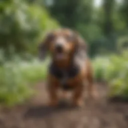 A joyful miniature dachshund playing in a bright garden.