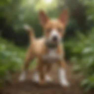 A Basenji puppy playing in a lush green garden, showcasing its energetic nature.