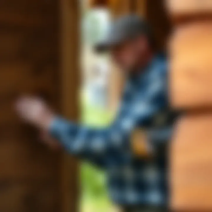 Inspecting Wooden Structures for Carpenter Bee Damage Homeowner inspecting wooden structures for bee damage