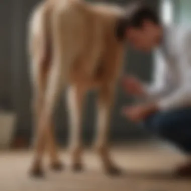 Veterinarian examining a dog's hind legs for signs of weakness.