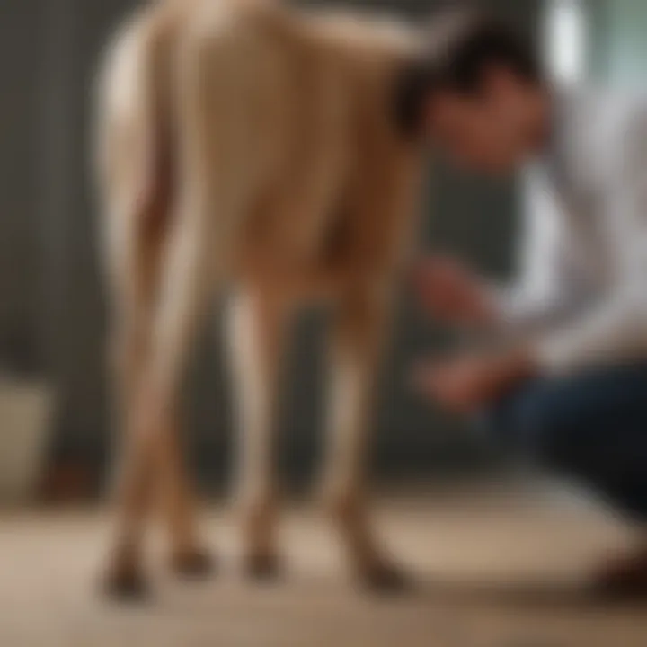 Veterinarian examining a dog's hind legs for signs of weakness.