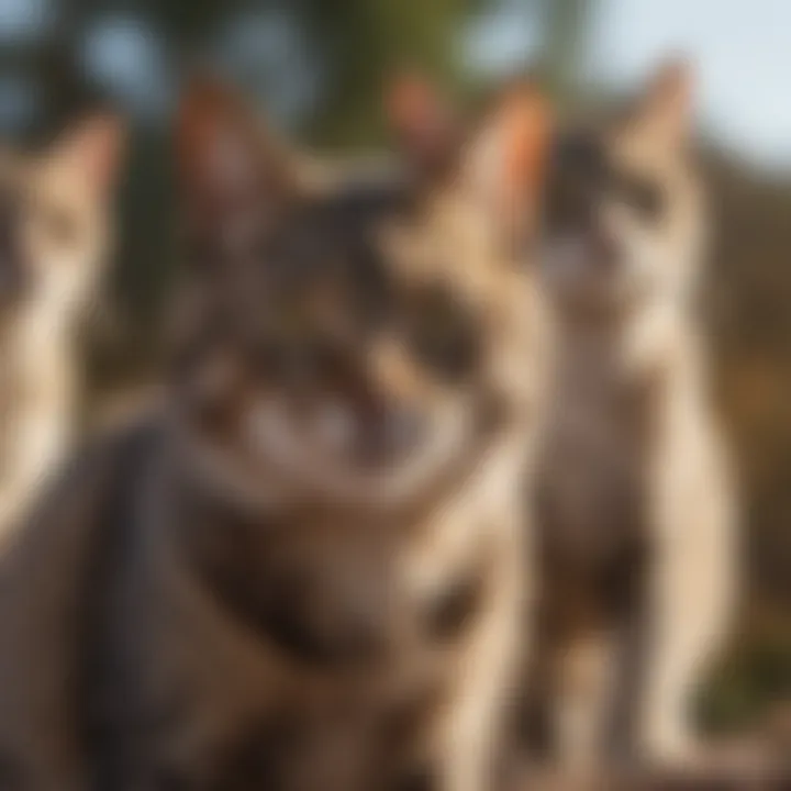 Close-up of a feral cat using body language to communicate with others in the group.