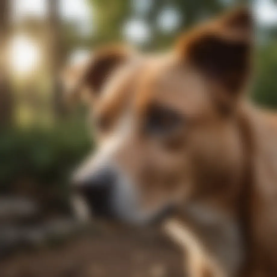 An older dog sitting outdoors, looking attentive.