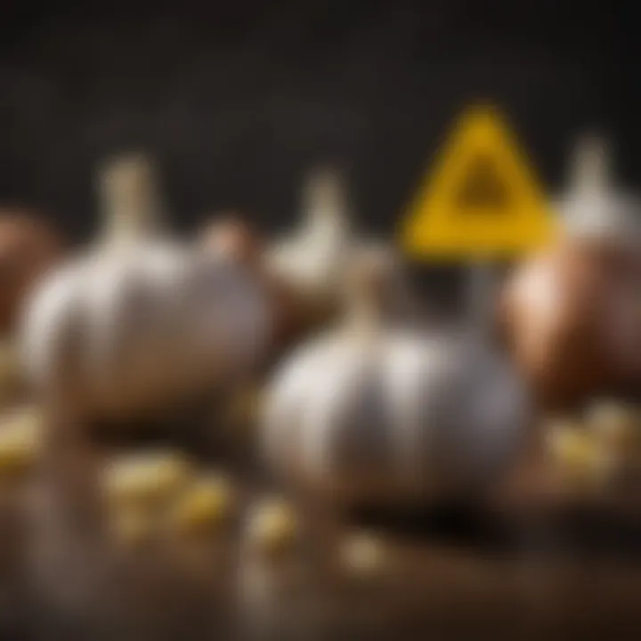 Illustration of garlic cloves with a warning sign