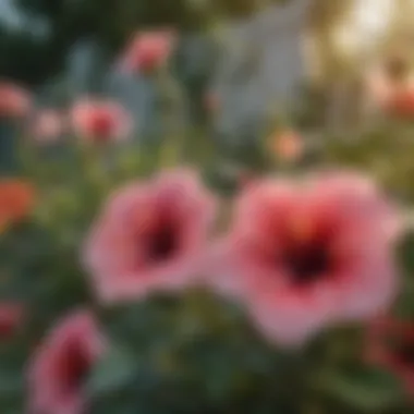 A garden scene featuring a variety of hardy hibiscus plants in full bloom.