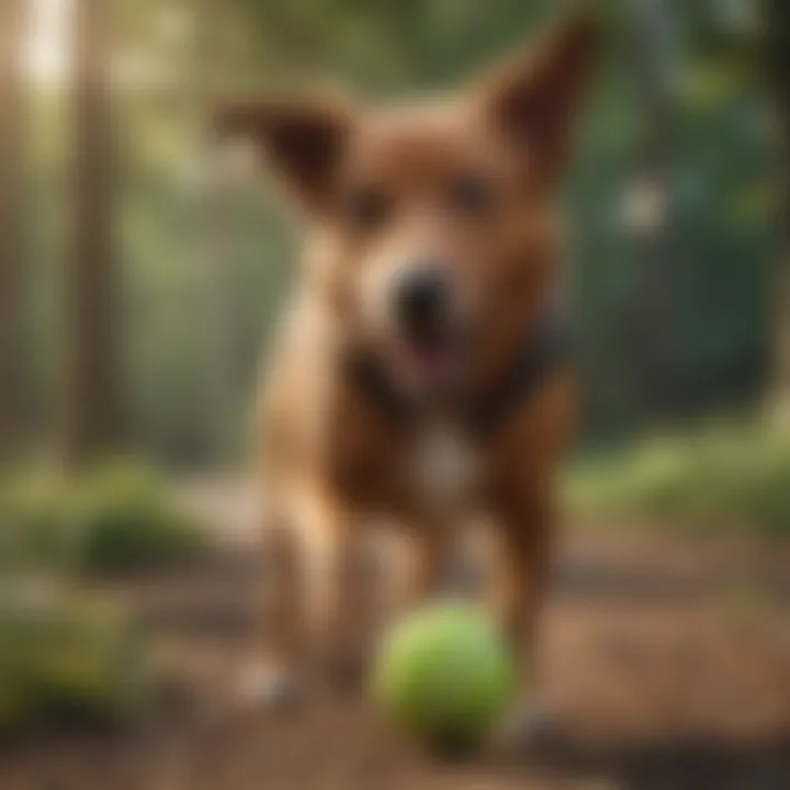 A happy dog playing with a ball while wearing a hind leg brace