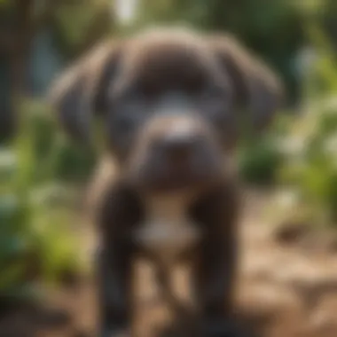 A playful Lab Pit puppy in a vibrant garden