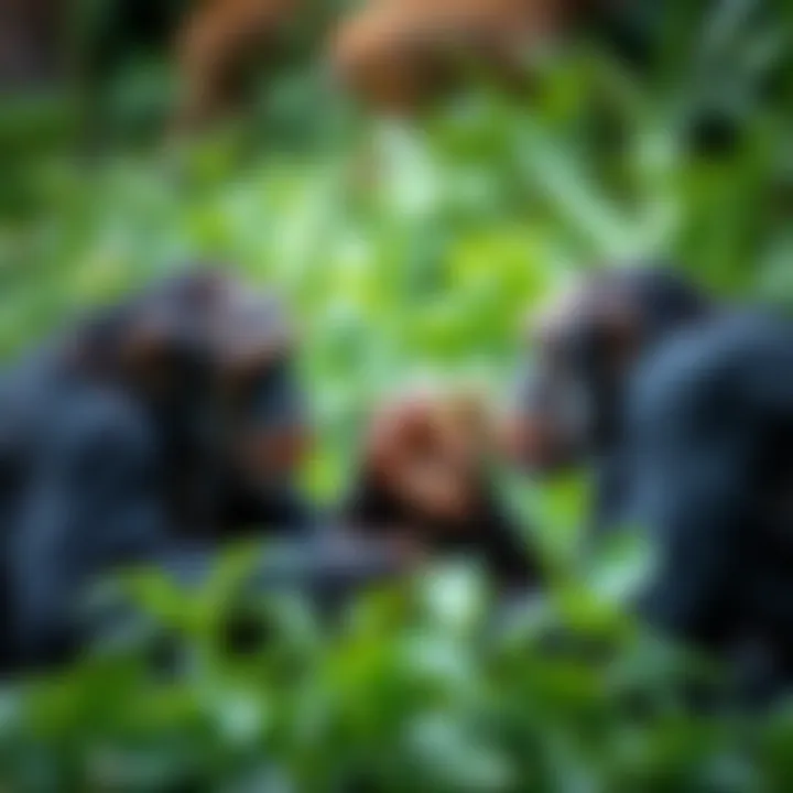 Male chimpanzees engaging in communication through gestures in their habitat