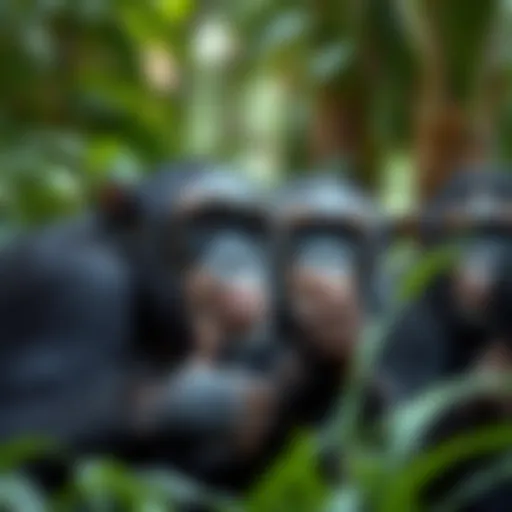 A male chimpanzee displaying social interactions with peers in the jungle