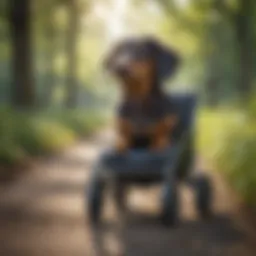 Mini dachshund using a wheelchair in a park