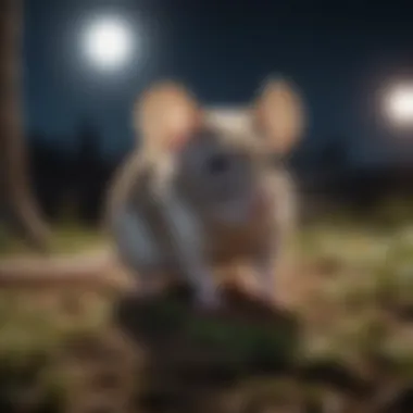 A close-up of a mouse exploring its environment under the moonlight, showcasing its nocturnal nature.