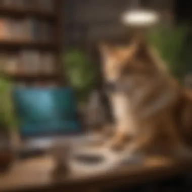 Researching Cannabis Effects on Animals A pet owner thoughtfully researching cannabis effects on pets, surrounded by books and a laptop.
