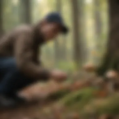 A nature enthusiast examining mushrooms in the wild