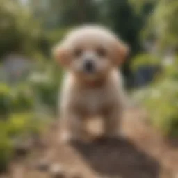 A Poochon puppy playing in a garden