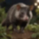 A close-up of a possum foraging in a garden at night, highlighting its natural behavior.