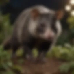 A close-up of a possum foraging in a garden at night, highlighting its natural behavior.