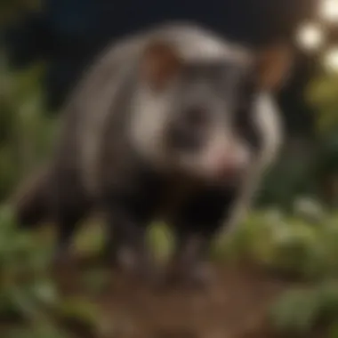 Possum Foraging Behavior A close-up of a possum foraging in a garden at night, highlighting its natural behavior.