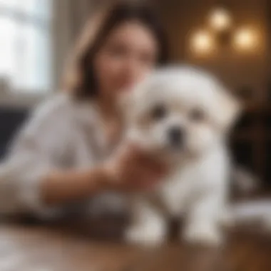 New puppy owner with a white Shih Tzu, showcasing initial care essentials