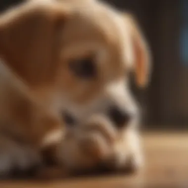 Close-up of a puppy biting its paw, indicating discomfort