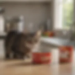 Purina One Sensitive Stomach Wet Cat Food packaging on a kitchen counter