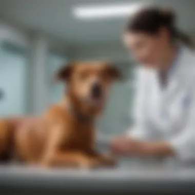 A dog in a veterinary clinic receiving advice from a professional