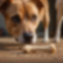 Close-up image of a dog looking curiously at a chicken bone