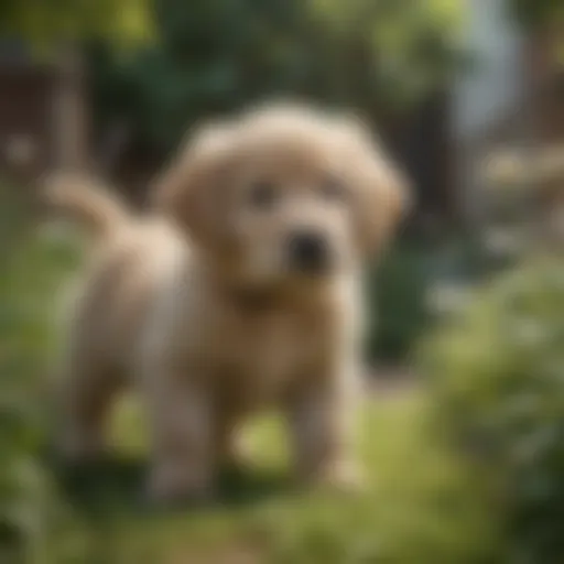 Silver golden retriever puppy exploring a garden