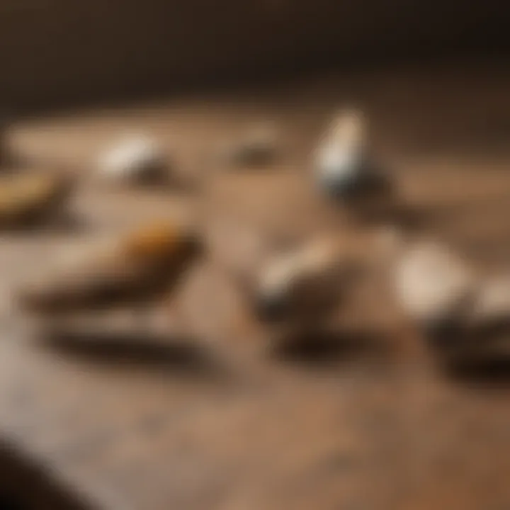 Different types of small moths displayed on a wooden table